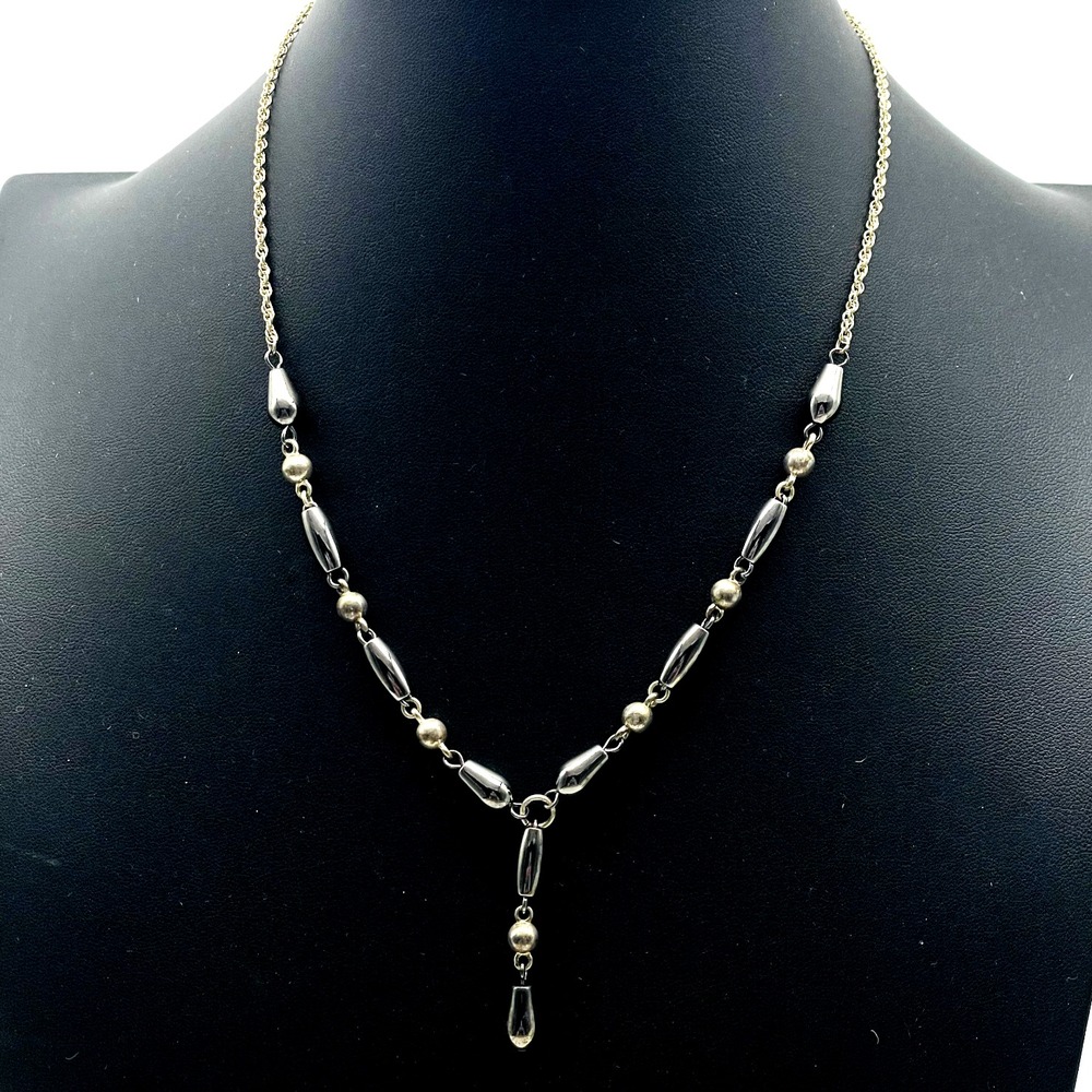 Premier Designs Signed Toggle Necklace Silver Tone Beaded Y Drop Pendant Vtg